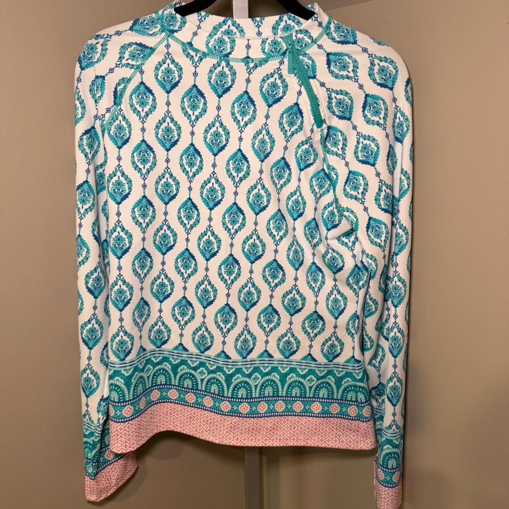 Cabana Life UPF 50+ Long Sleeve Swim‎ Shirt Top White Blue Turquoise L